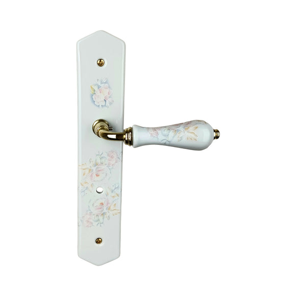 2 poignées de porte ROSAE, Verrou de condamnation pour salles de bain/WC, Porcelaine de Limoges, Finition coude doré, Entraxe standard 195 mm