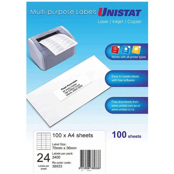 Unistat Laser/Inkjet/Copier Label 100pk