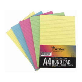 Writer 2 Sided Ruled Bond Pad Assorted Colors 50 page A4 5pk