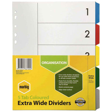 Intercalaires Plastique Marbig 5 Onglets Extra Larges A4 (Colorés)