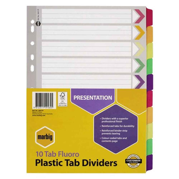 Marbig Manilla Plastic Tab Dividers A4 (Fluoro)