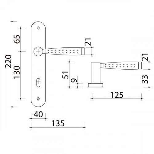 2 poignées de porte sur plaque CASUAL, Entrée de clé pour chambre, Finition aluminium nickel mat, Entraxe standard 195 mm