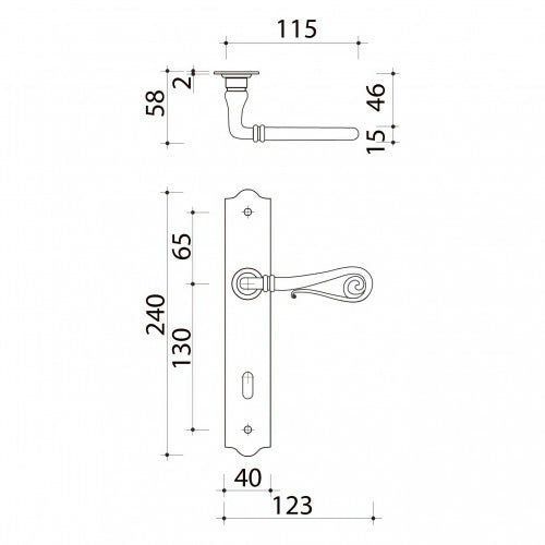Schéma technique de poignées de porte sur plaque fine NOBLE, Entrée de clé pour chambre, Finition fer patiné gris, Entraxe 195 mm