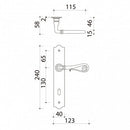 Schéma technique de poignées de porte sur plaque fine NOBLE, Entrée de clé pour chambre, Finition fer patiné gris, Entraxe 195 mm