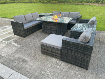 Fimous Mobilier De Jardin En Rotin Extérieur Foyer Au Gaz Table À Manger Set Chauffage Au Gaz Chaise Longue Table D'appoint Gris Foncé Mixte 9 Places - 0