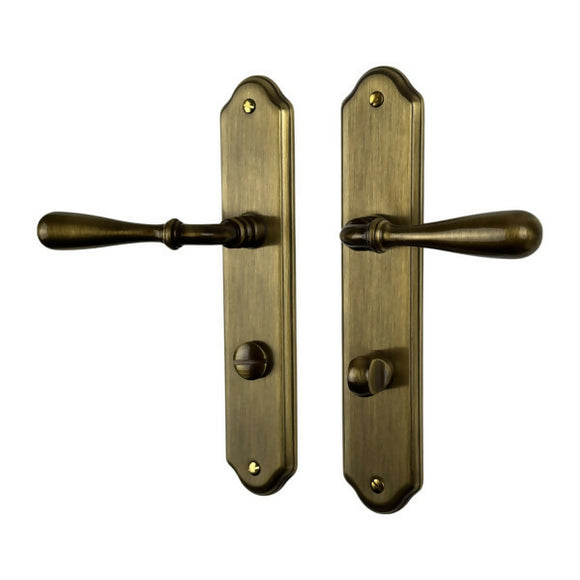 2 poignées de porte sur plaque CARINA, Verrou de condamnation pour salle de bain/WC, Finition laiton patiné, Entraxe standard 195 mm