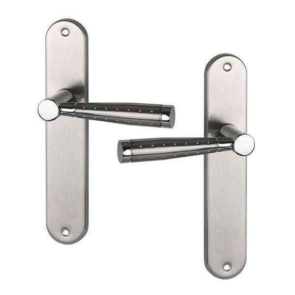 2 poignées de porte sur plaque CASUAL, Sans trou pour pièce à vivre, Finition aluminium nickel mat, Entraxe standard 195 mm