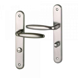 2 poignées de porte sur plaque BRISTOL, Verrou de condamnation pour salle de bain/WC, Finition aluminium nickel mat, Entraxe standard 195 mm