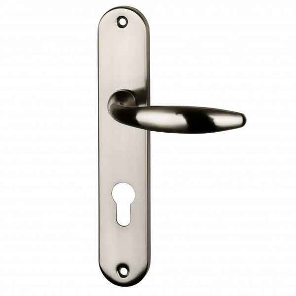 2 poignées de porte sur plaque CHAMBON, Trou de cylindre - entrée - bureau - service, Finition aluminium nickel mat, Entraxe standard 195 mm