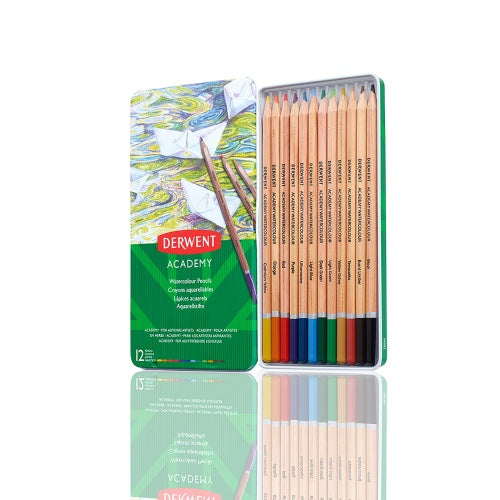Crayons aquarelle derwent academy 12 couleurs boîte en métal
