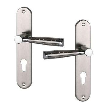 2 poignées de porte sur plaque CASUAL, Trou de cylindre - entrée - bureau, Finition aluminium nickel mat, Entraxe standard 195 mm