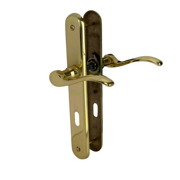 2 poignées de porte sur plaque AGATHE, Entrée de clé pour chambre, Finition laiton poli, Entraxe standard 195 mm