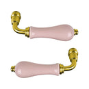 2 poignées sur rosaces rondes LIZON, Entrée de clé pour chambre, Porcelaine rose, Finition coude en Laiton poli doré