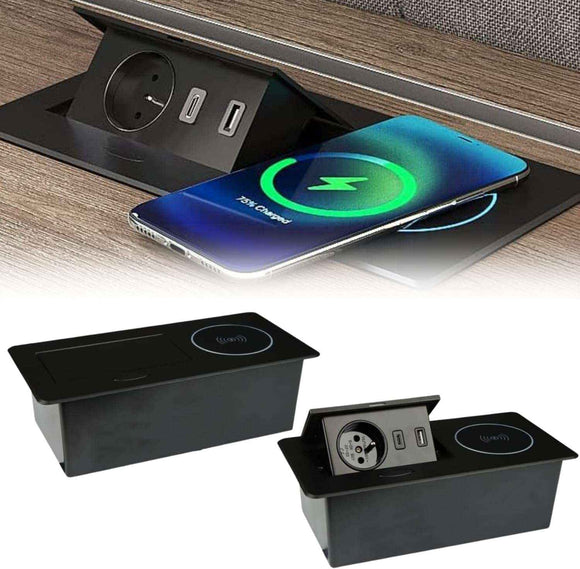 Multipresa da Incasso a Scomparsa ZEOBOX con Presa di tipo Francese o Schuko Caricatore Wireless 2 porte USB (tipo A + tipo C)