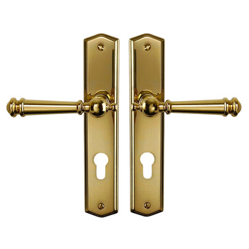 2 poignées de porte ATTILA, Trou de cylindre - entrée - bureau - service, Finition laiton poli doré, Entraxe standard 195 mm