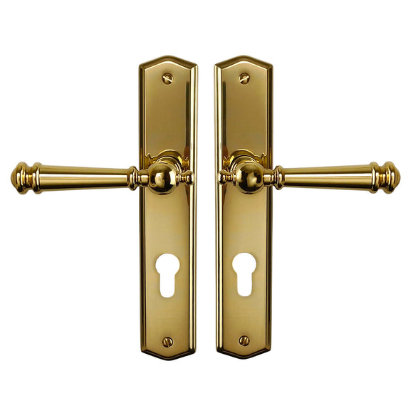 2 poignées de porte ATTILA, Trou de cylindre - entrée - bureau - service, Finition laiton poli doré, Entraxe standard 195 mm