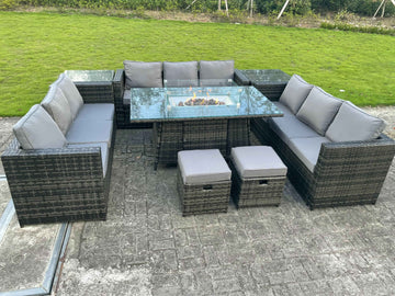 Fimous Outdoor Rotin Garden Corner Furniture Gas Firepit Table Chauffage À Gaz Set Table D'appoint Petit Gris Foncé 11 Places