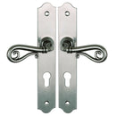 2 poignées de porte sur plaque fine NOBLE, Trou de cylindre - entrée - bureau - service, Finition fer patiné gris, Entraxe 195 mm