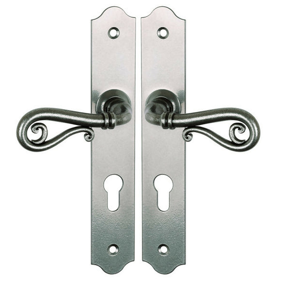 2 poignées de porte sur plaque fine NOBLE, Trou de cylindre - entrée - bureau - service, Finition fer patiné gris, Entraxe 195 mm