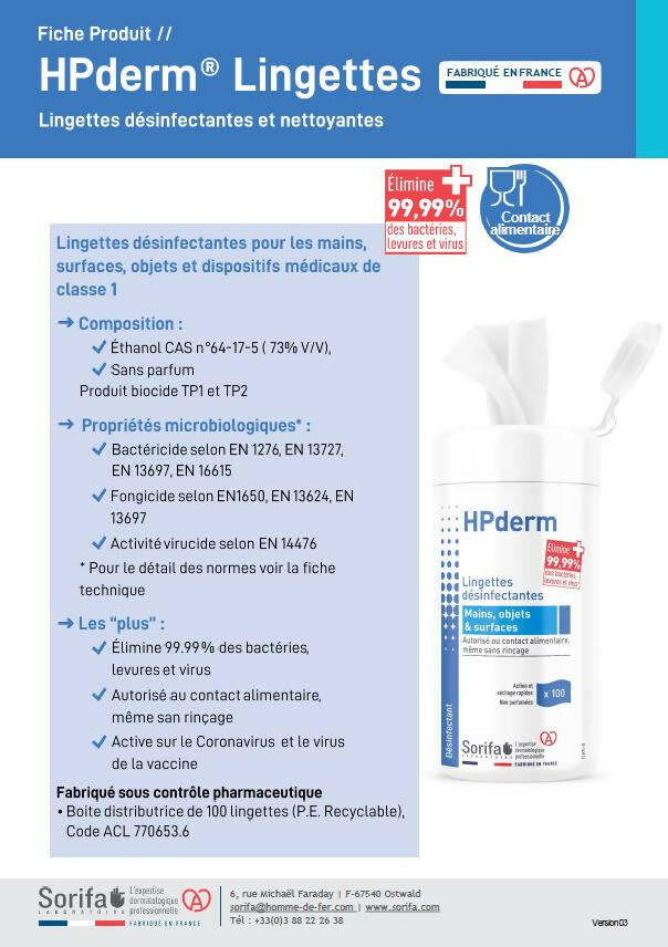 Sorifa – hpderm lingettes désinfectantes - désinfection des mains surfaces objets et dispositifs de classe 1 - autorisé au contact alimentaire sans rinçage - boite de 100 lingettes - Clicktofournisseur.com