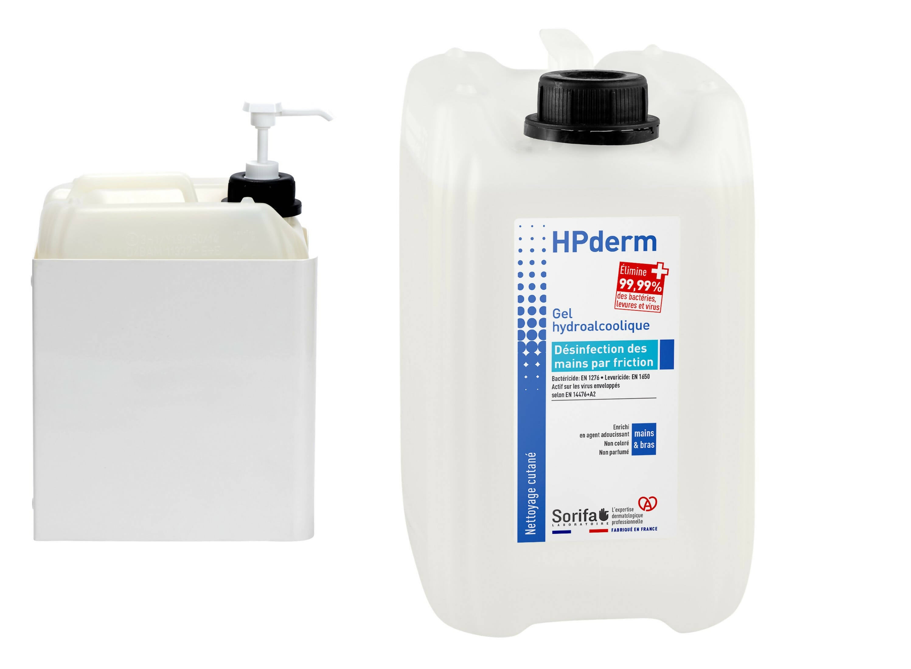 SORIFA – Carton complet de 4 - HPderm Gel hydroalcoolique - Désinfection des mains par friction - Mains, bras - Enrichi en glycérine - Sans parfum – Bidon 5L