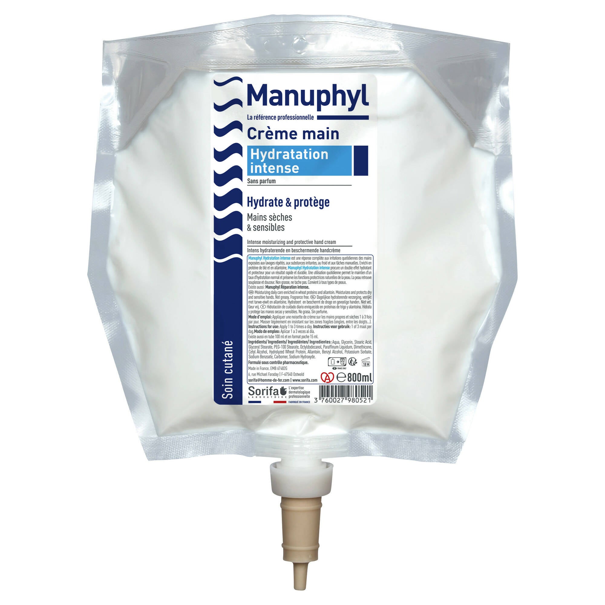 Sorifa - carton complet de 2 - manuphyl crème mains hydratation intense - hydratante et protectrice - mains sèches et sensibles - non grasse sans parfum enrichie en allantoine et protéines de blé - poche 800 ml pour distributeur soribag
