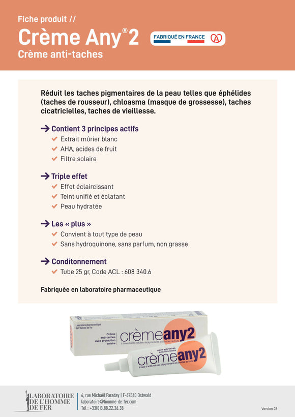 Homme de fer - carton de 50 - any 2 crème anti-tache avec filtre solaire - visage et mains- taches brunes taches de rousseur éphélides vieillesse cicatricielles masque grossesse chloasma tube 25 gr.