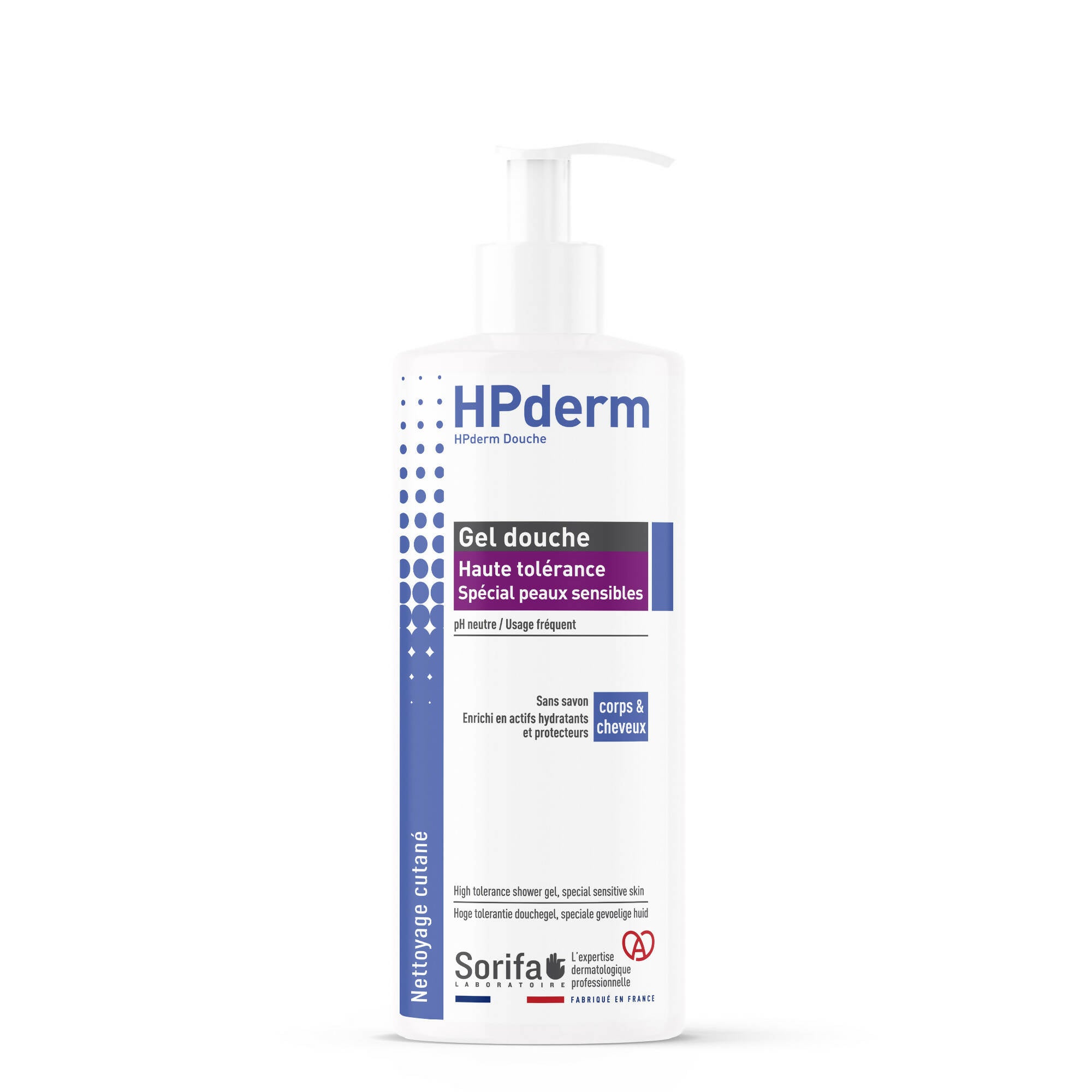 SORIFA - Carton complet de 24 - HPderm Gel douche HAUTE TOLERANCE - 2 en 1 corps et cheveux - Spécial peaux sensibles, peaux tatouées, cheveux fragilisés - Usage fréquent - pH neutre, sans savon - Flacon pompe 500 ml