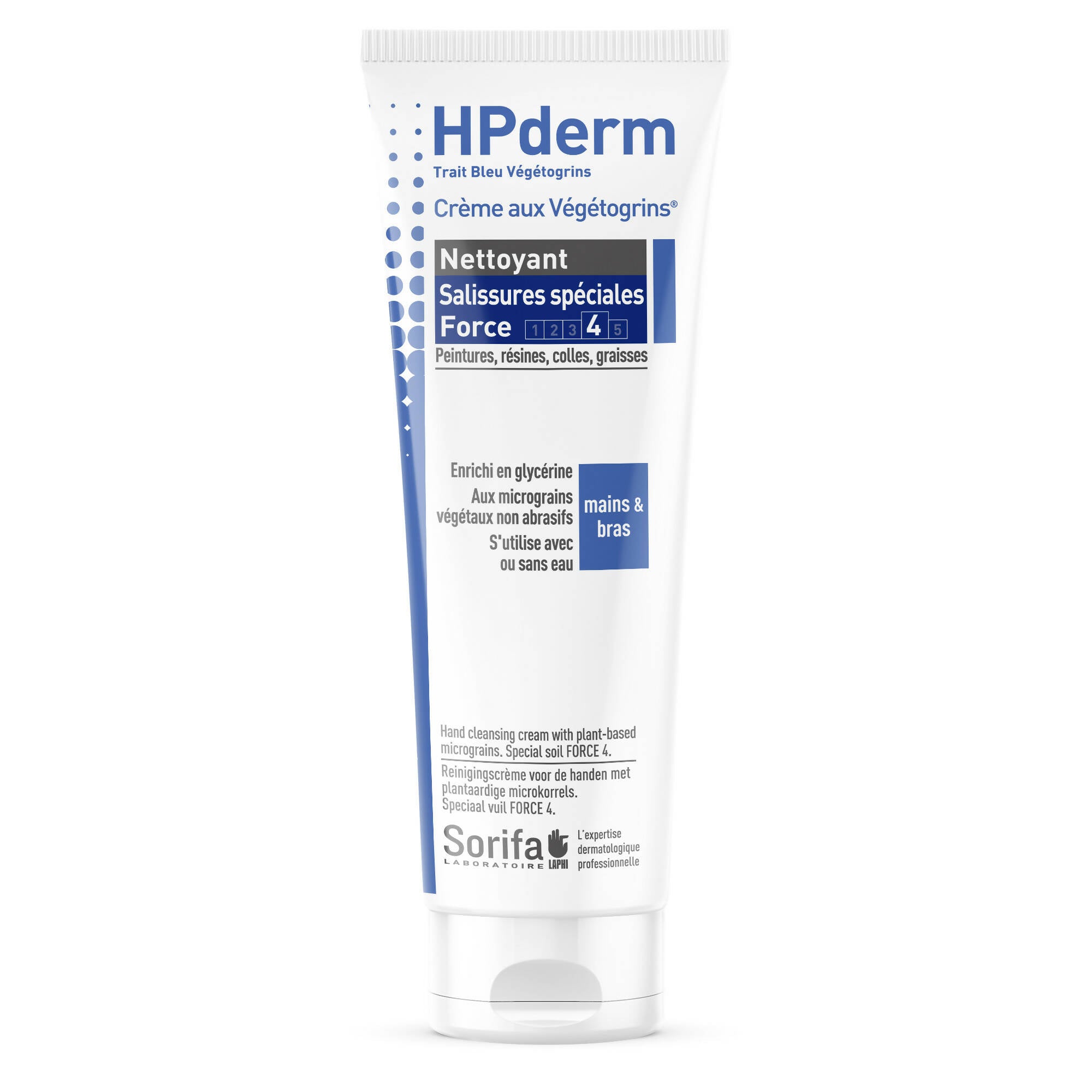 SORIFA - HPderm Crème nettoyante aux Végétogrins Force 4 - Mains et bras – Salissures spéciales – Graisse, peinture, encre, mastic, goudron, colle, mousse - Sans savon – Tube 125 ml.