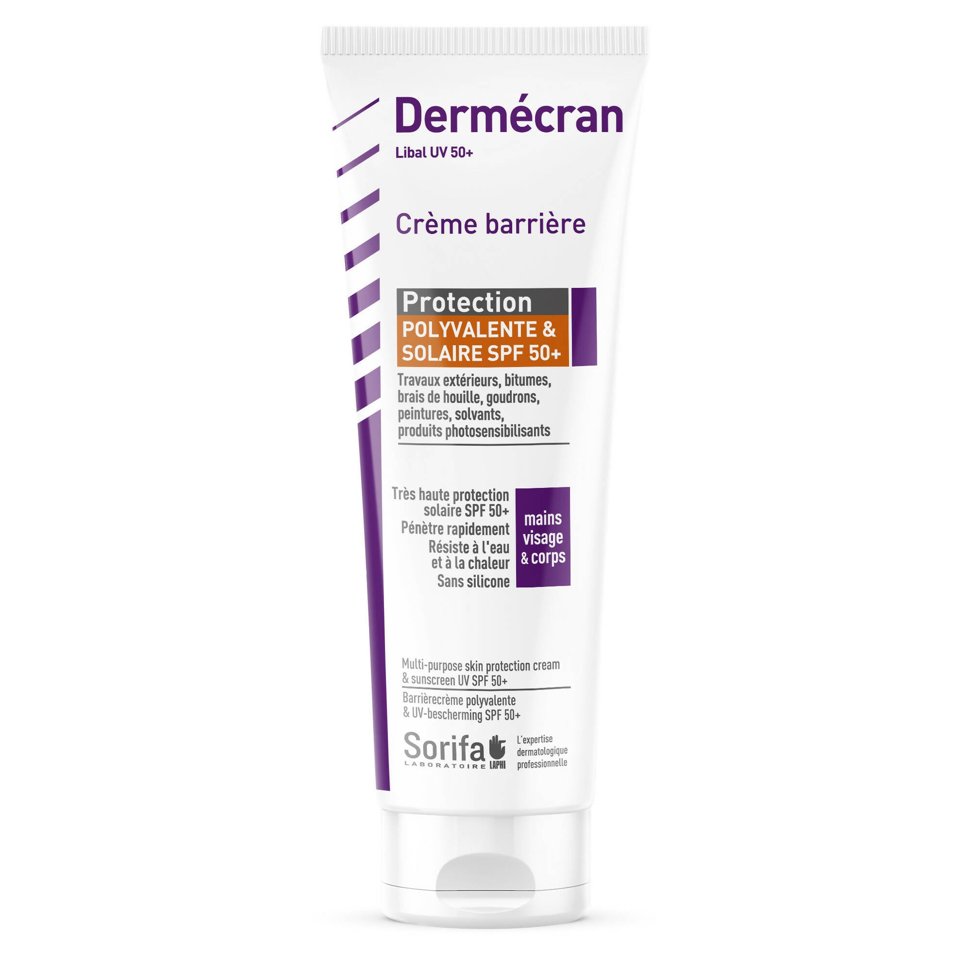 Sorifa - lot de 3 - dermécran – crème barrière - protection polyvalente et solaire spf50+ – uv peinture solvant huile brai créosote goudron – mains visage corps – sans parfum – tube 100 ml.