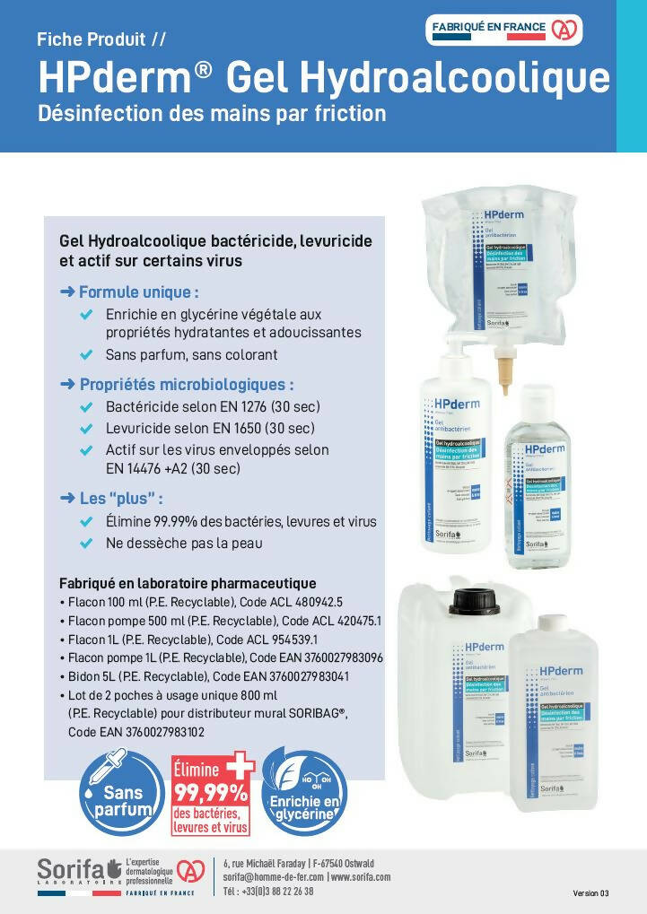 SORIFA – Carton complet de 24 - HPderm Gel hydroalcoolique - Désinfection des mains par friction - Mains, bras - Enrichi en glycérine - Sans parfum – Flacon pompe 500 ml