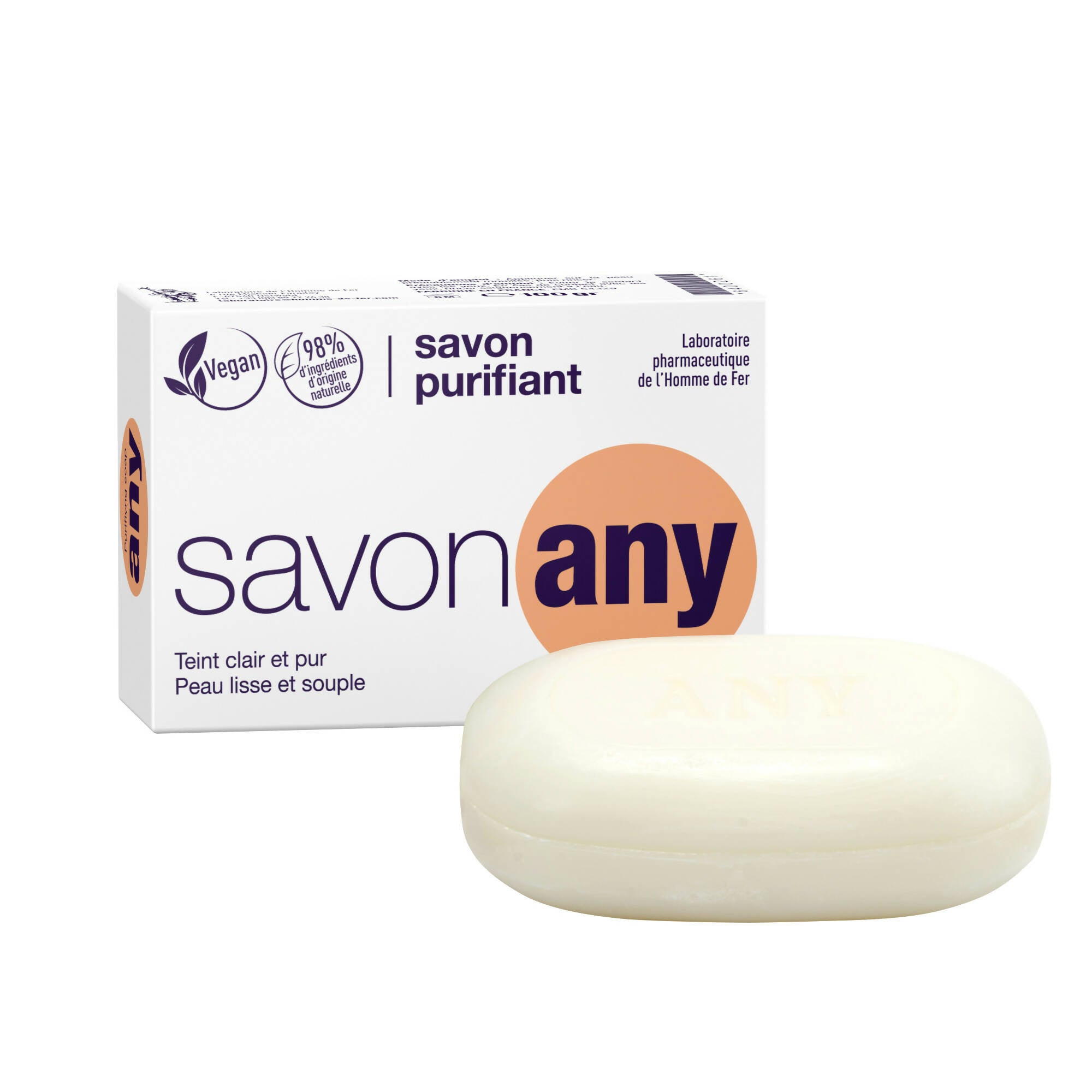 Homme de fer – carton complet de 48 - savon purifiant any – visage et corps – hygiène quotidienne - peaux à problèmes – peaux pigmentées – base lavante 100% végétale - sans parfum - pain 100 gr.