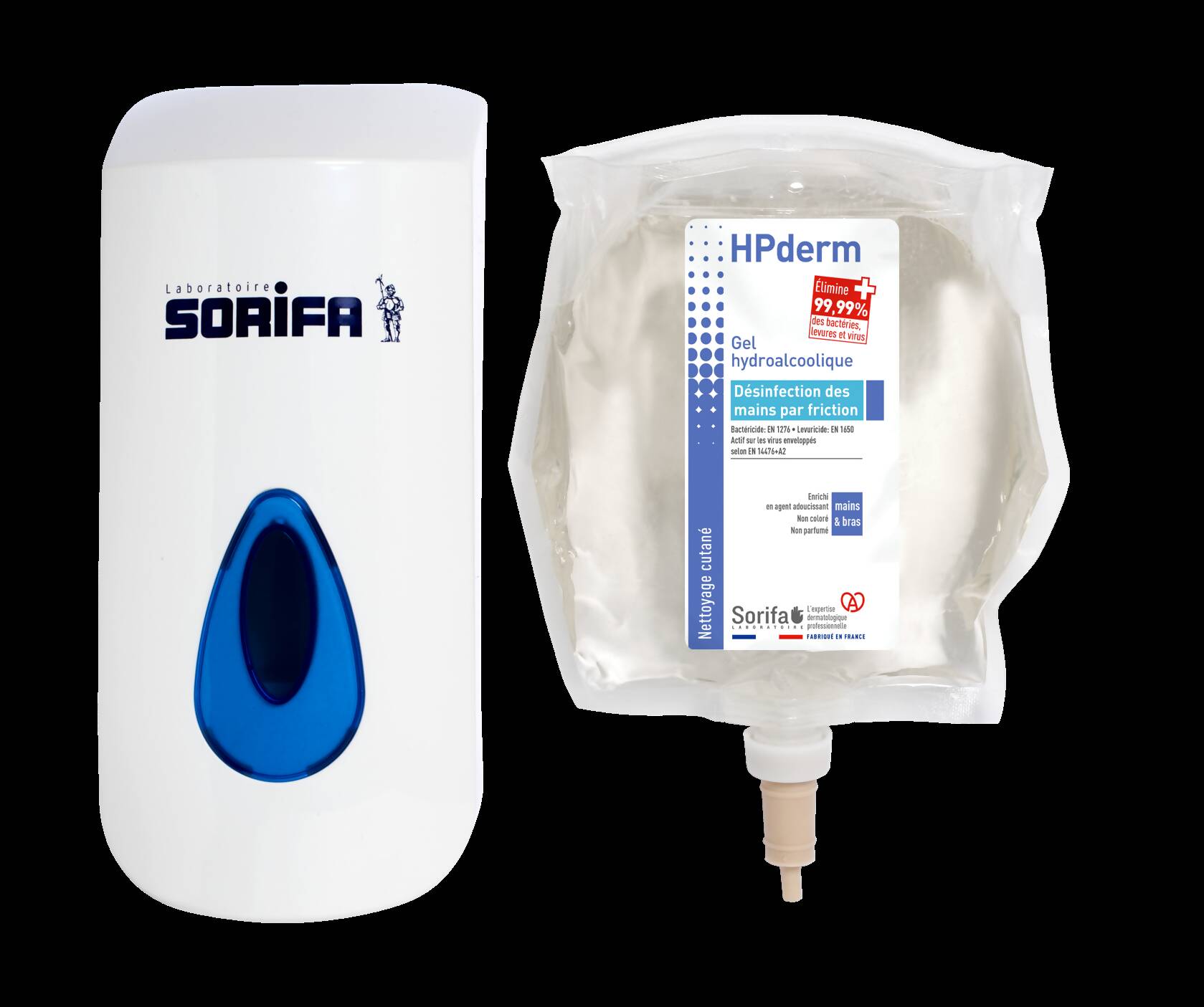 Sorifa – hpderm gel hydroalcoolique - désinfection des mains par friction - mains bras - enrichi en glycérine - sans parfum – poche 800 ml pour distributeur mural soribag - Clicktofournisseur.com