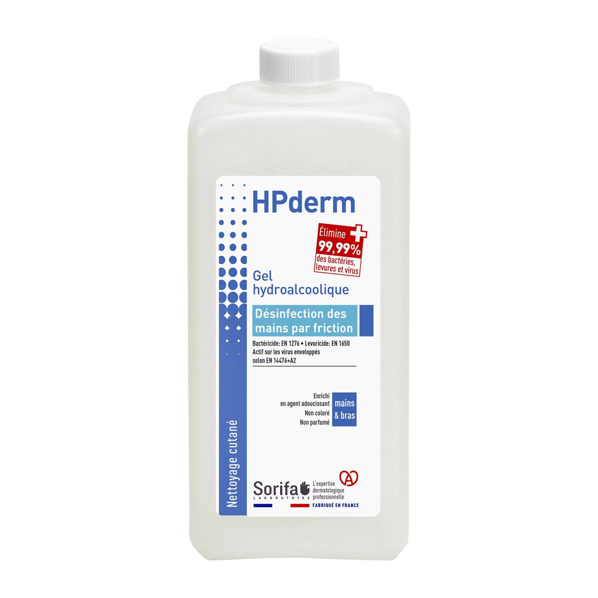 SORIFA – HPderm Gel hydroalcoolique - Désinfection des mains par friction - Mains, bras - Enrichi en glycérine - Sans parfum – Flacon 1L