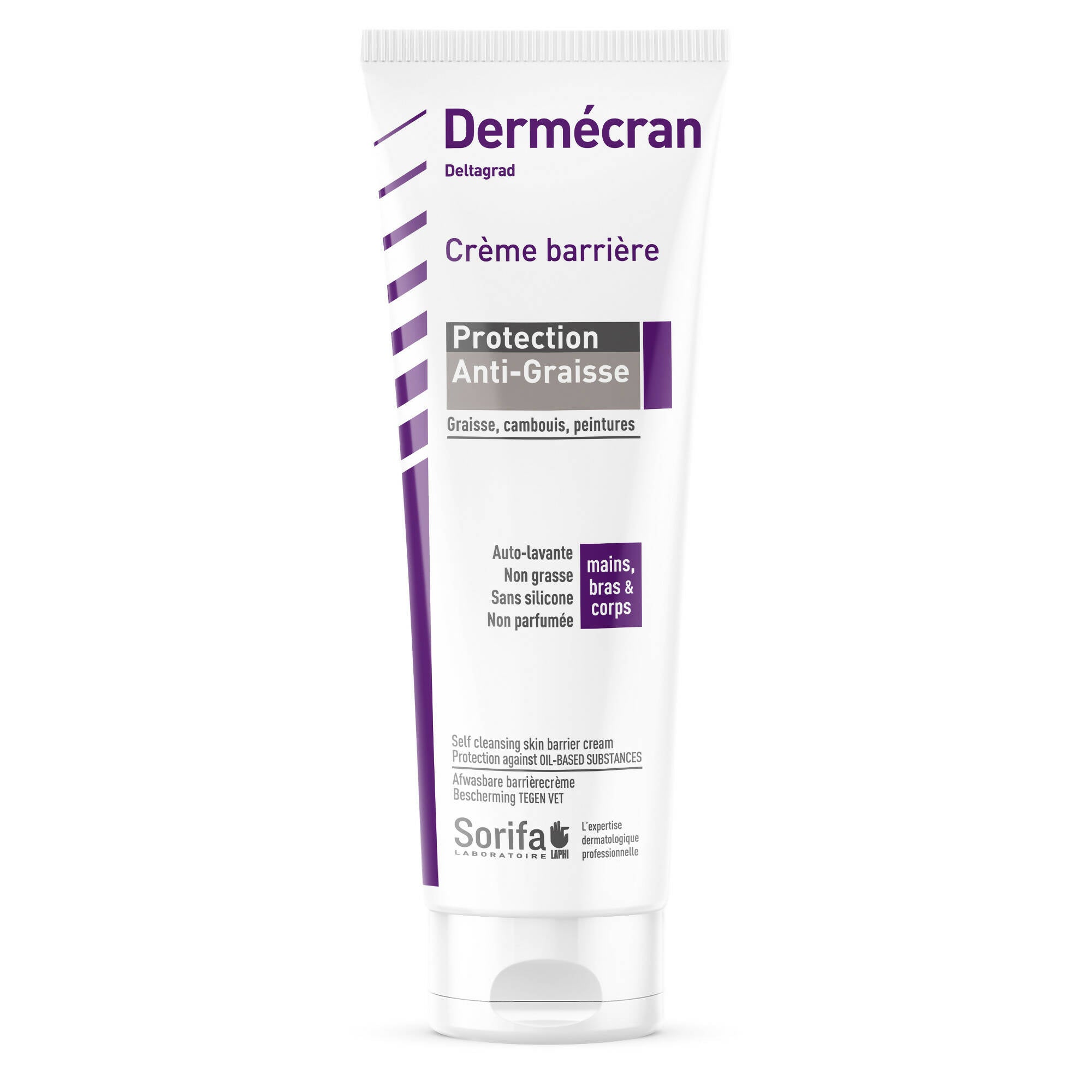 SORIFA - Dermécran - Crème Barrière - Protection ANTI-GRAISSES / Deltagrad - Mains, bras et corps – Haute tolérance - Sans parfum - Tube 125 ml.