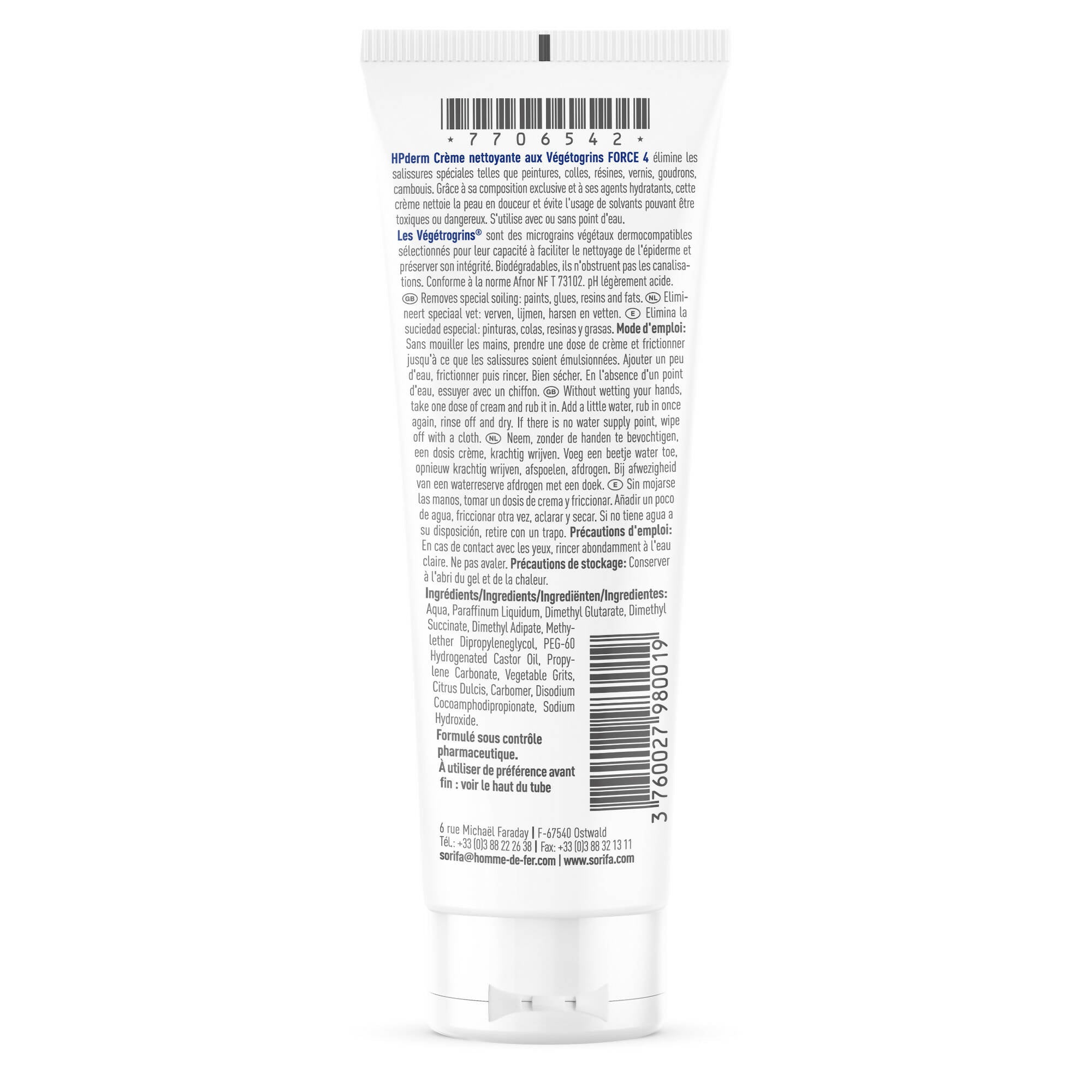 SORIFA - HPderm Crème nettoyante aux Végétogrins Force 4 - Mains et bras – Salissures spéciales – Graisse, peinture, encre, mastic, goudron, colle, mousse - Sans savon – Tube 125 ml. - 0