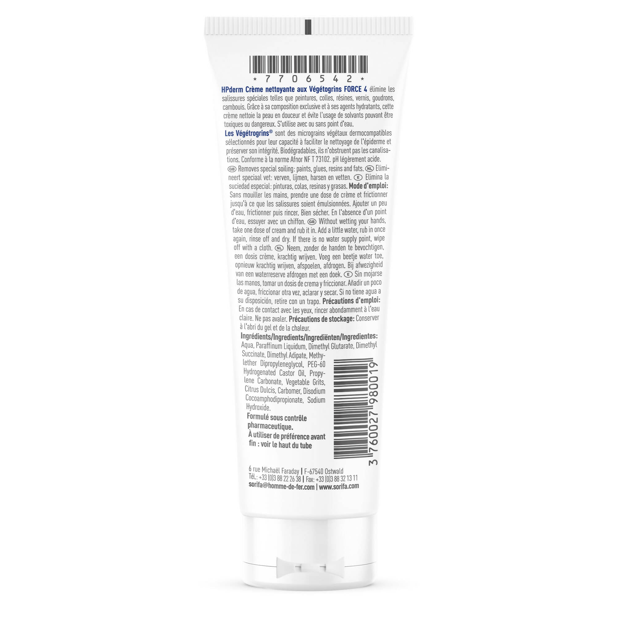 Sorifa - lot de 3 - hpderm crème nettoyante aux végétogrins force 4 - mains et bras – salissures spéciales – graisse peinture encre mastic goudron colle mousse - sans savon – tube 125 ml.