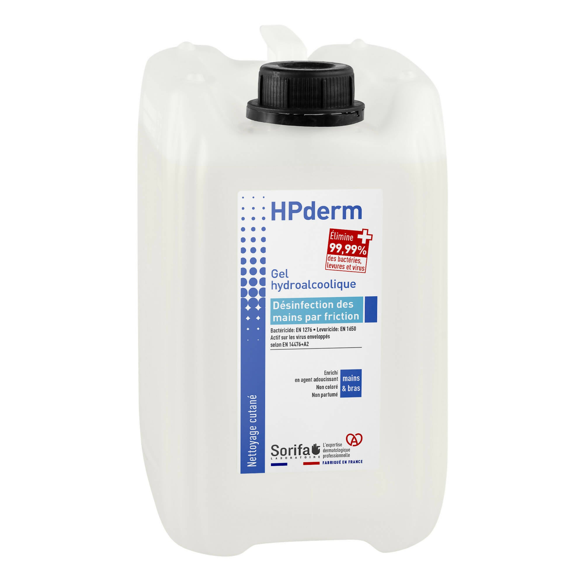Sorifa – lot de 2 - hpderm gel hydroalcoolique - désinfection des mains par friction - mains bras - enrichi en glycérine - sans parfum – bidon 5l