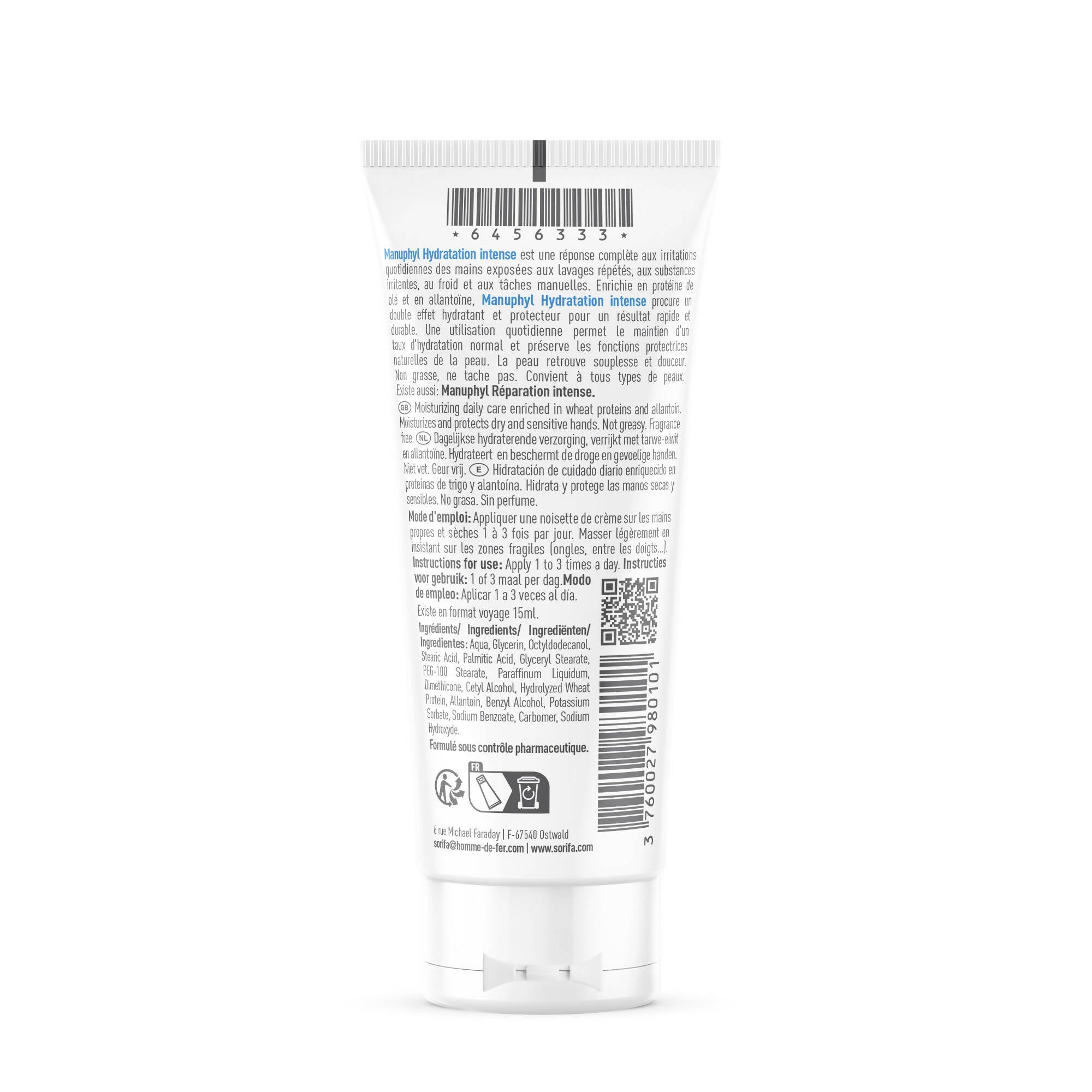 SORIFA - Lot de 3 - Manuphyl Crème mains Hydratation Intense - Hydratante et protectrice - Mains sèches et sensibles - Non grasse, sans parfum, enrichie en allantoine et protéines de blé - Tube 100 ml