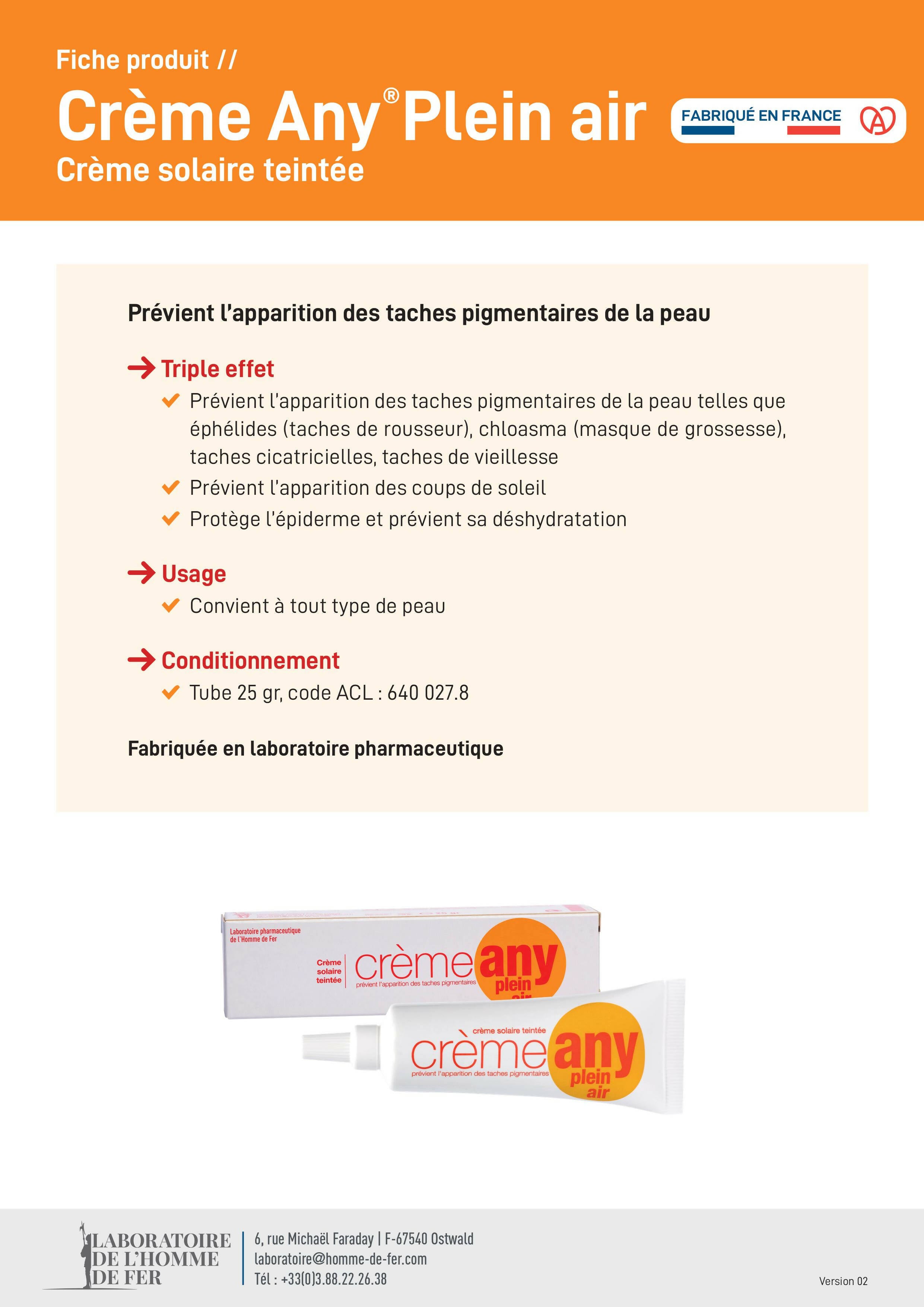 Homme de fer - any plein air crème teintée avec protection solaire - visage - taches brunes taches de rousseur 5éphélides vieillesse cicatricielles masque grossesse chloasma tube 25 gr. - Clicktofournisseur.com