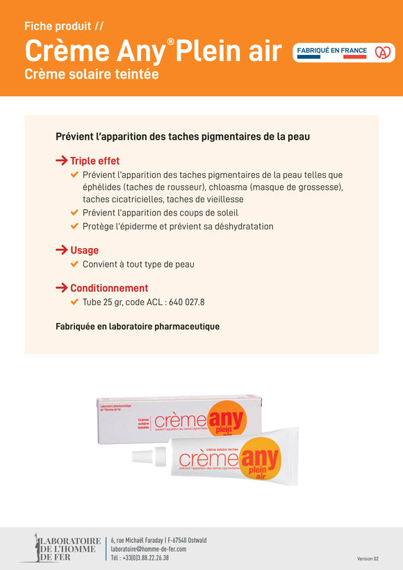 Homme de fer - carton complet de 50 - any plein air crème teintée avec protection solaire - visage - taches brunes taches de rousseur éphélides vieillesse cicatricielles masque grossesse chloasma tube 25 gr.