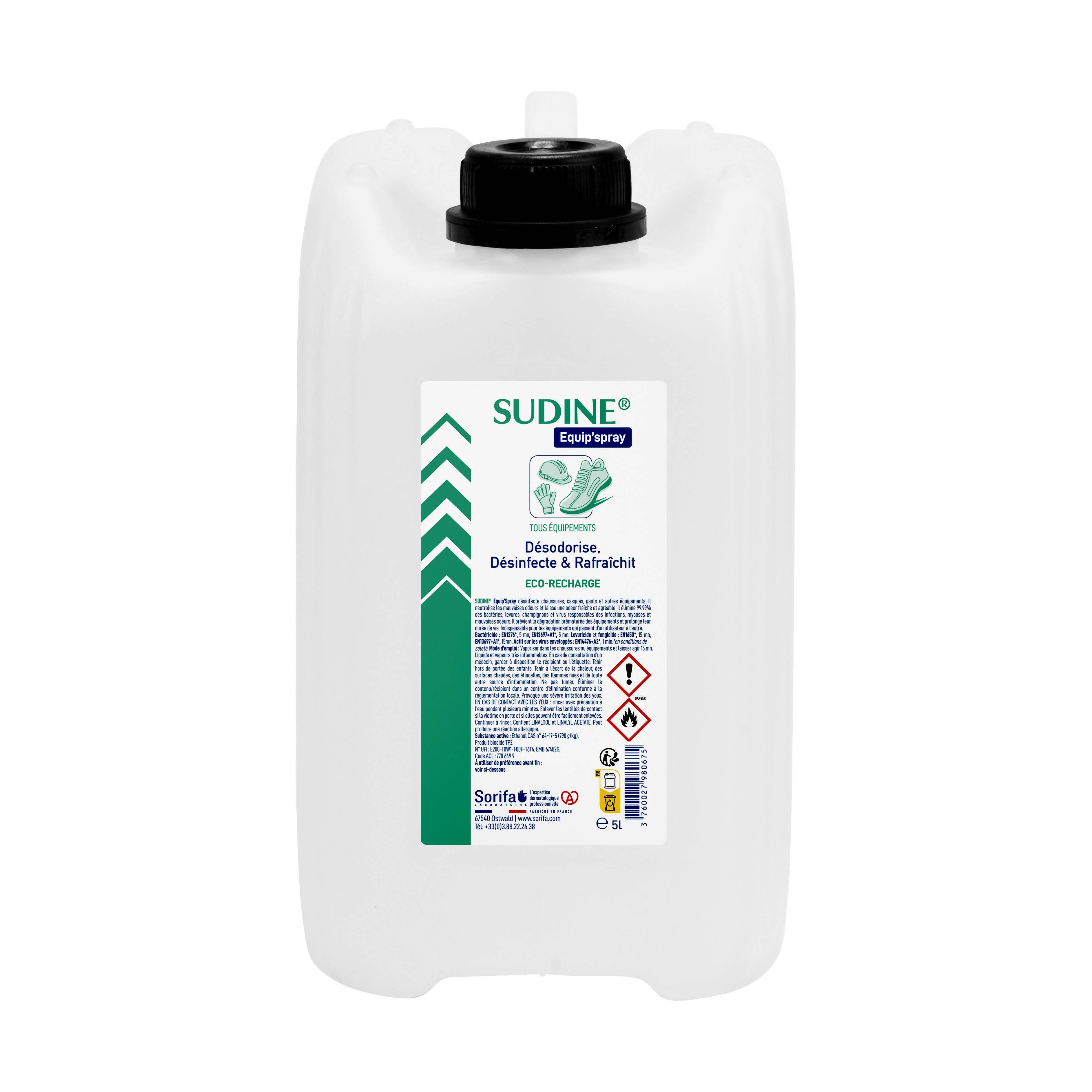 SORIFA - Complete box of 4 - Sudine Equip'spray - Deodorizes, disinfects, refreshes - Shoes, helmets, gloves, equipment - 5L refill for SUDINE Equip'spray 50 and 125 ml or for the 1L SORIFA Spray