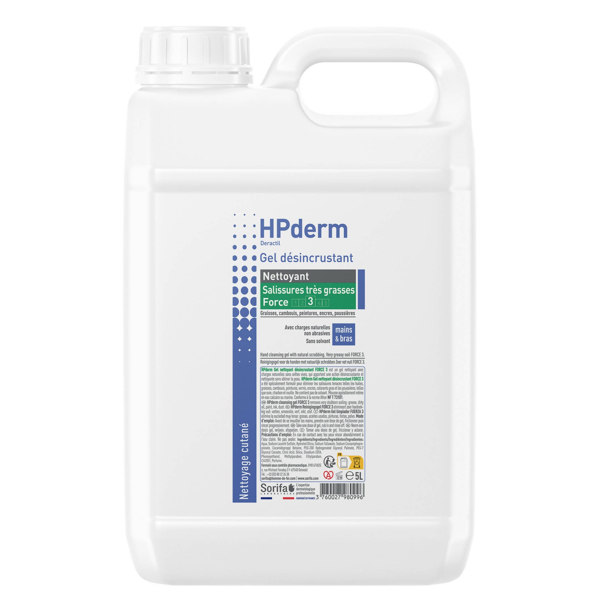 Sorifa - lot de 2 - hpderm gel nettoyant désincrustant force 3 / deractil – mains bras – salissures très grasses – graisse cambouis peinture encre – avec charge naturelle parfumé sans solvant – bidon 5l.