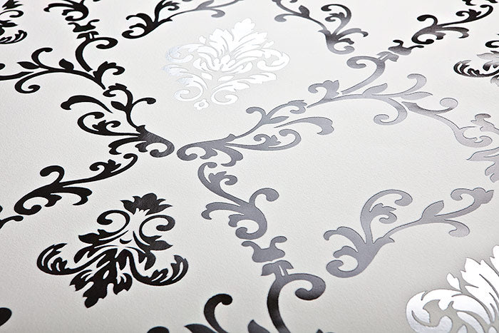 Baroque wallpaper EDEM 85026BR20 smooth vinyl wallpaper with ornaments and metallic accents white black silver 5.33 m2 - 0