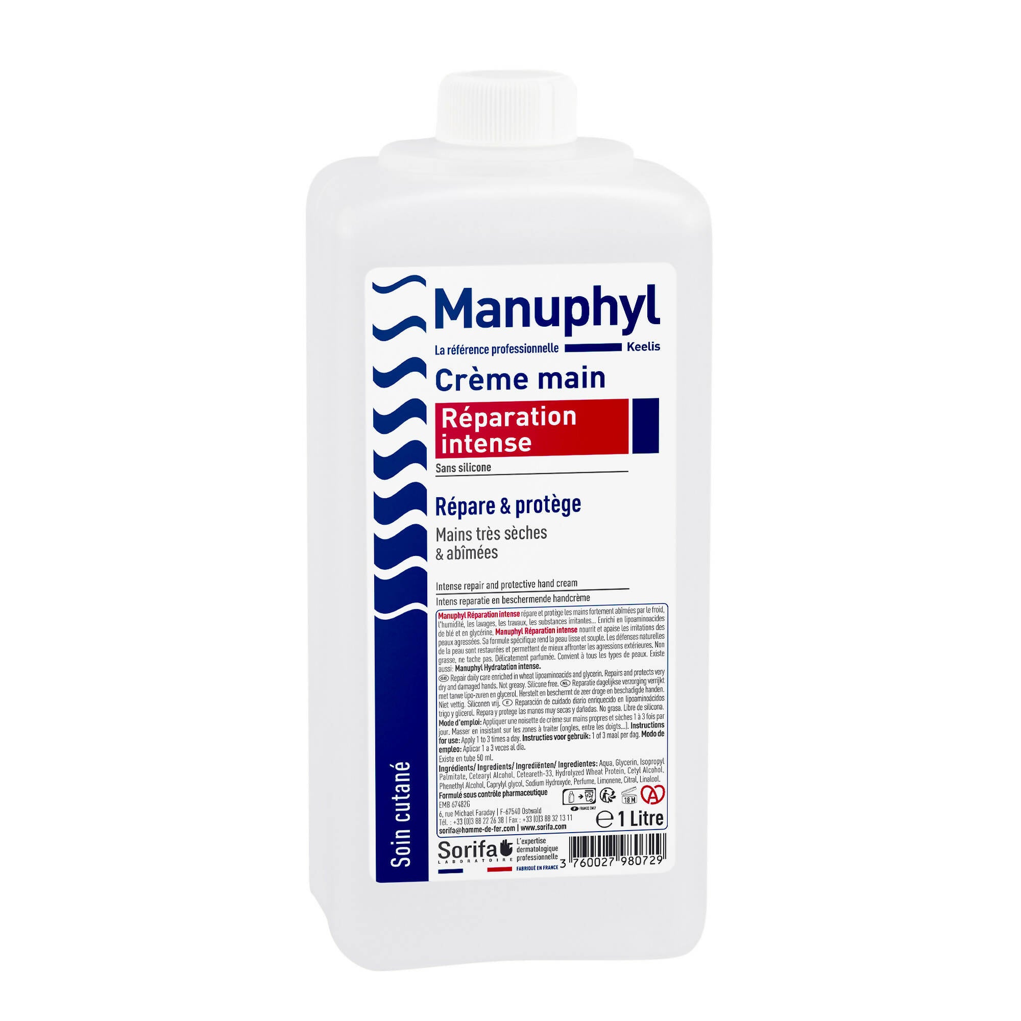 Sorifa - manuphyl crème mains réparation intense / keelis – répare et protège – mains très sèches et abîmées - peu grasse légèrement parfumée enrichie en glycérine et protéines de blé - flacon 1l