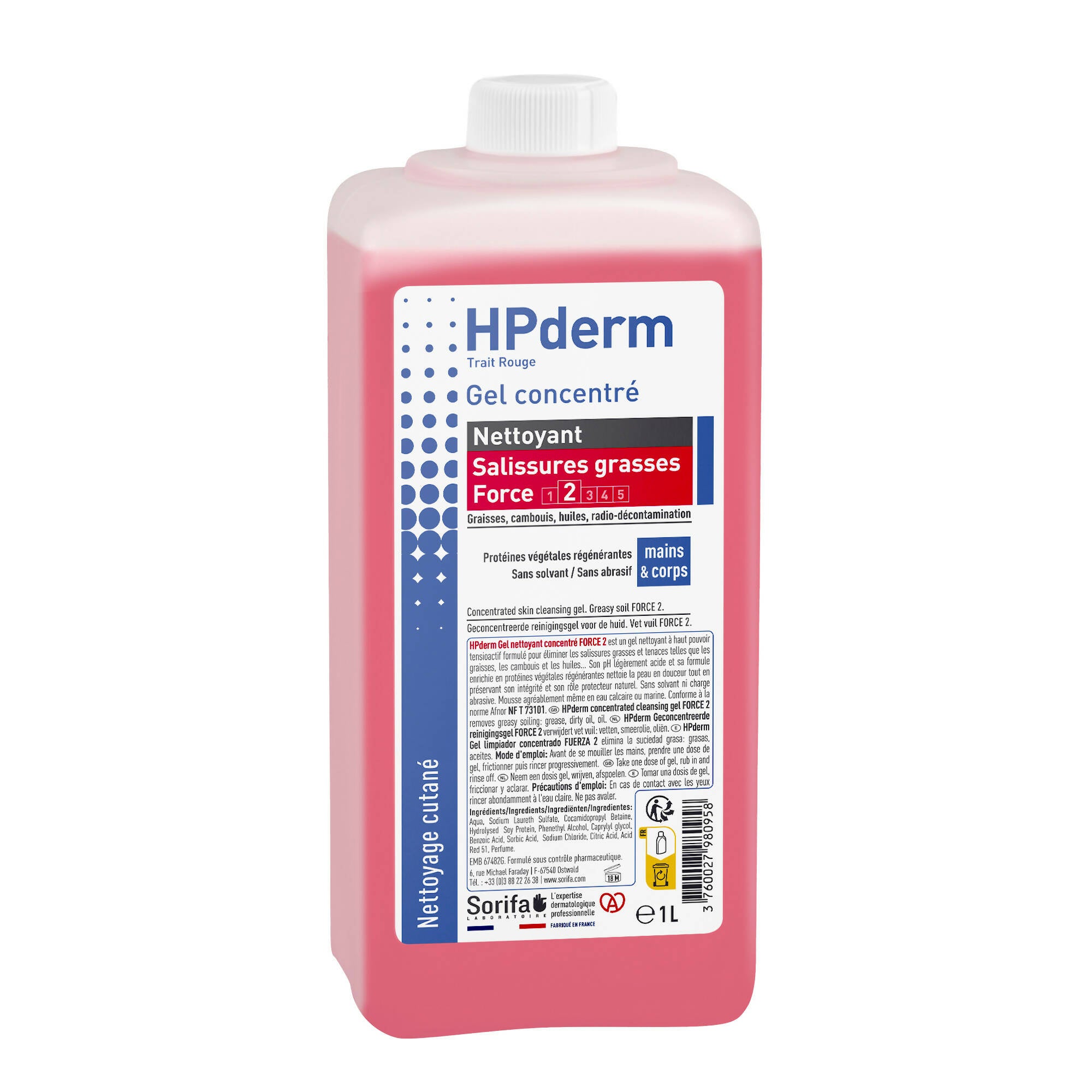 SORIFA - HPderm Gel nettoyant concentré Force 2 - Mains et corps – Salissures grasses – Graisse, cambouis, huile, graphite – Parfumé - Sans savon, sans solvant, sans abrasif – Flacon 1L.