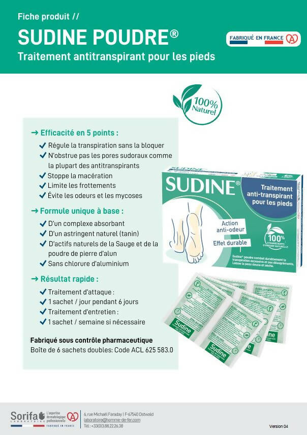 SORIFA - Sudine Powder Antiperspirant Treatment - Foot - Regulates perspiration - Absorbs - Prevents fungal infections - Without aluminum salts - Made in France - Box of 6 double sachets