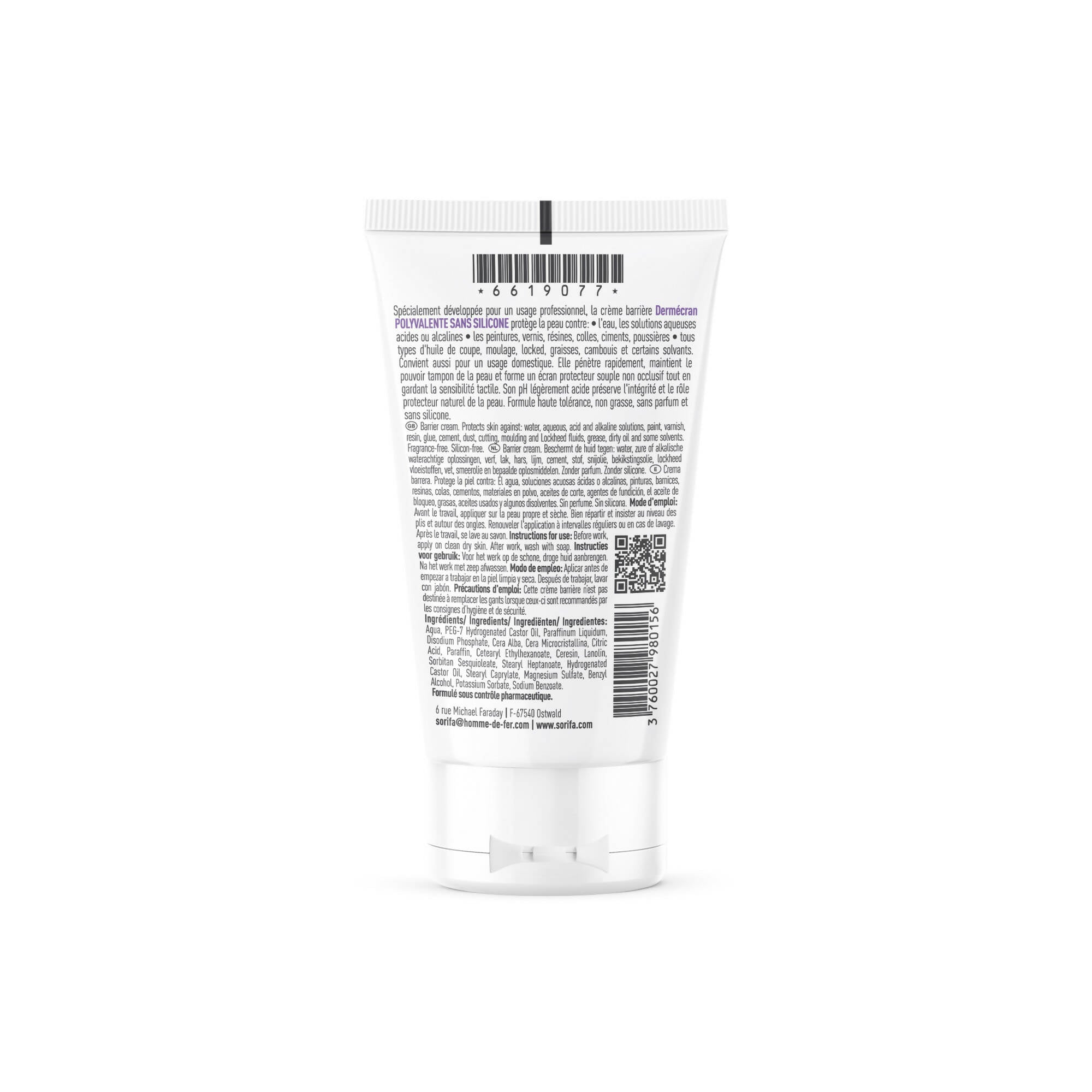 SORIFA - Dermécran – Crème barrière - Protection polyvalente sans silicone – Peintures, solvants, huiles, solutions aqueuses – Mains, visage et corps – Sans parfum – Tube 50 ml. - 0