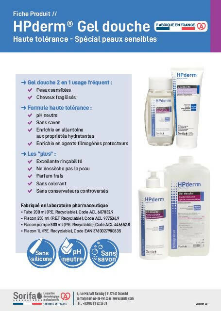 Sorifa - hpderm gel douche haute tolerance - 2 en 1 corps et cheveux - spécial peaux sensibles peaux tatouées cheveux fragilisés - usage fréquent - ph neutre sans savon - tube 200 ml