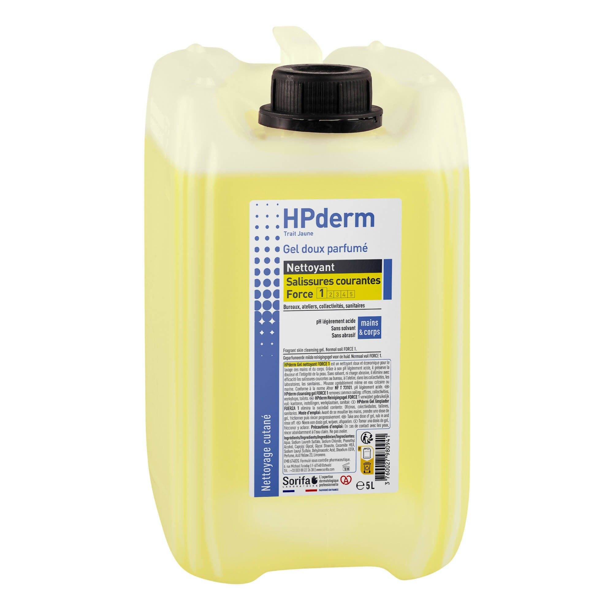 Sorifa - lot de 2 - hpderm gel nettoyant doux parfumé – force 1 - mains et corps – salissures courantes - bureaux ateliers collectivités sanitaires – parfum citron -sans savon - bidon 5l.